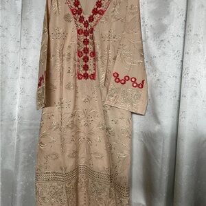 Embroidered Beige Dress with Red Accents